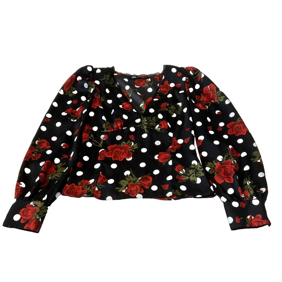 Zara Women Rose Print Long Sleeve Blouse XS Black Polka Dot Lace Trim Side Zip - Picture 2 of 8
